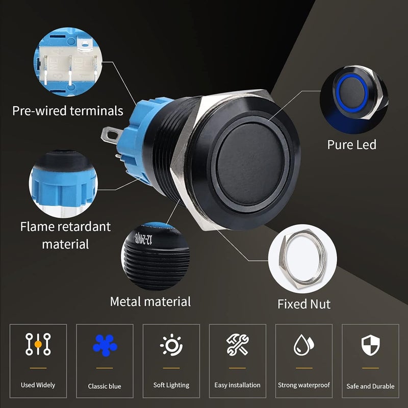 STARELO 5pcs 19mm Momentary led Push Button Switch Black Shell, IP65 Waterproof Push Button Switch,1NO 1 NC with Wire Socket Plug,Self-resetting with LED(Blue). - Image 4